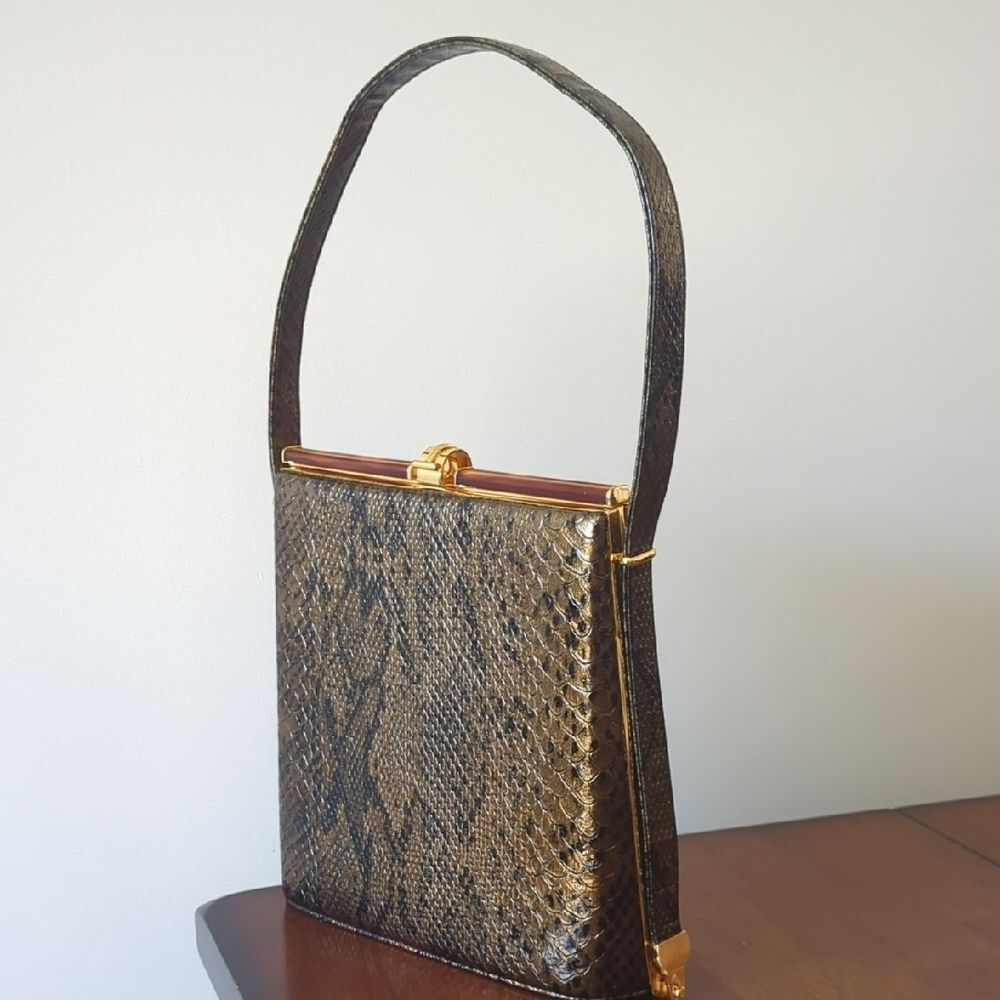 Vintage Brown Snakeskin Gold Accent Hardware Purse Rosettia